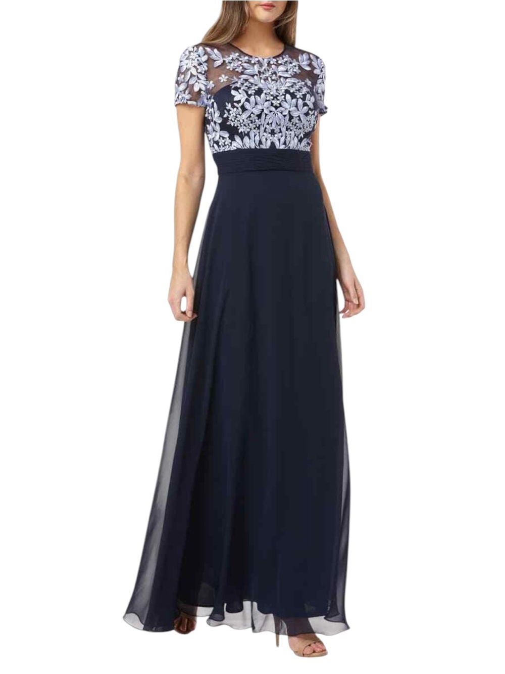 JS COLLECTIONS Navy Floral Embroidered Mesh Illusion Gown Size 4 Evening Formal